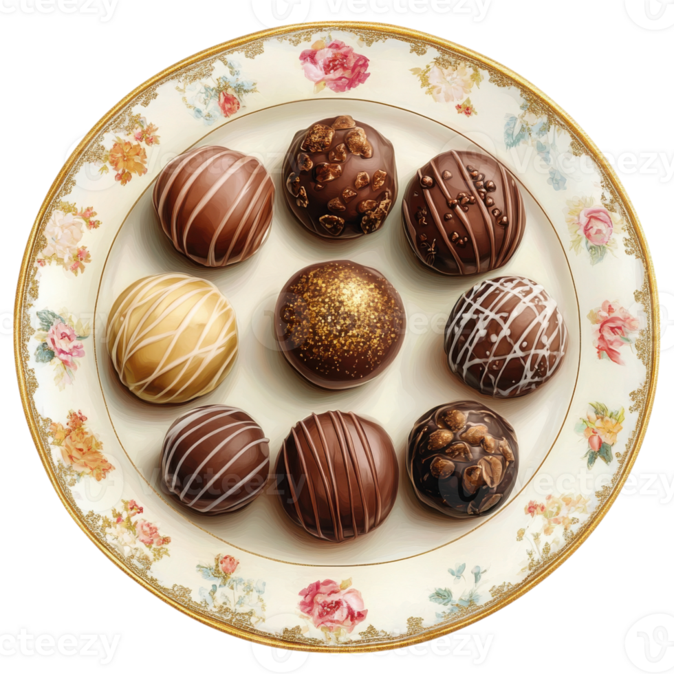 Delicious chocolate truffles arranged on decorative plate, showcasing various designs and textures png