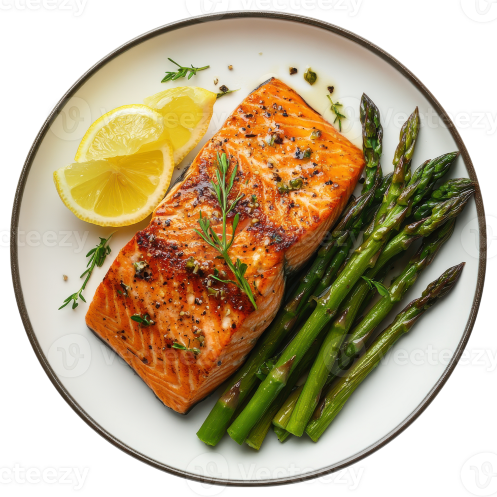Delicious seared salmon fillet served with asparagus and lemon slices png