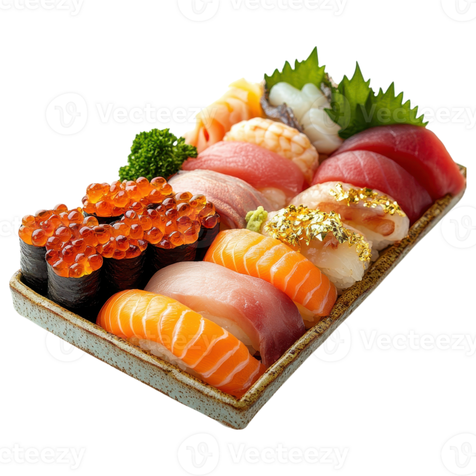 Delicious sushi platter featuring premium selections like otoro, uni, and ikura, beautifully arranged for delightful dining png