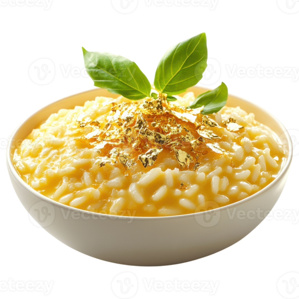 Creamy risotto with saffron and gold leaf garnish, served in bowl png