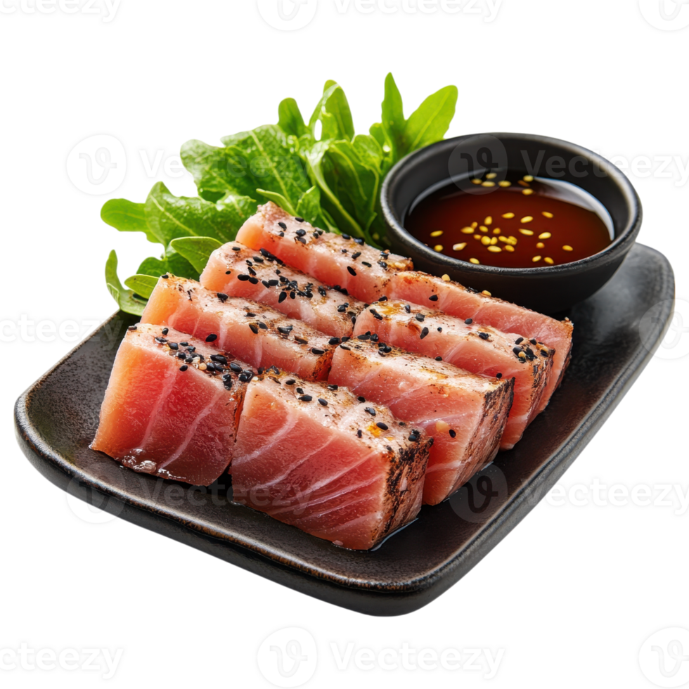 Seared tuna tataki with black sesame crust, served with dipping sauce and greens. delicious and elegant dish png