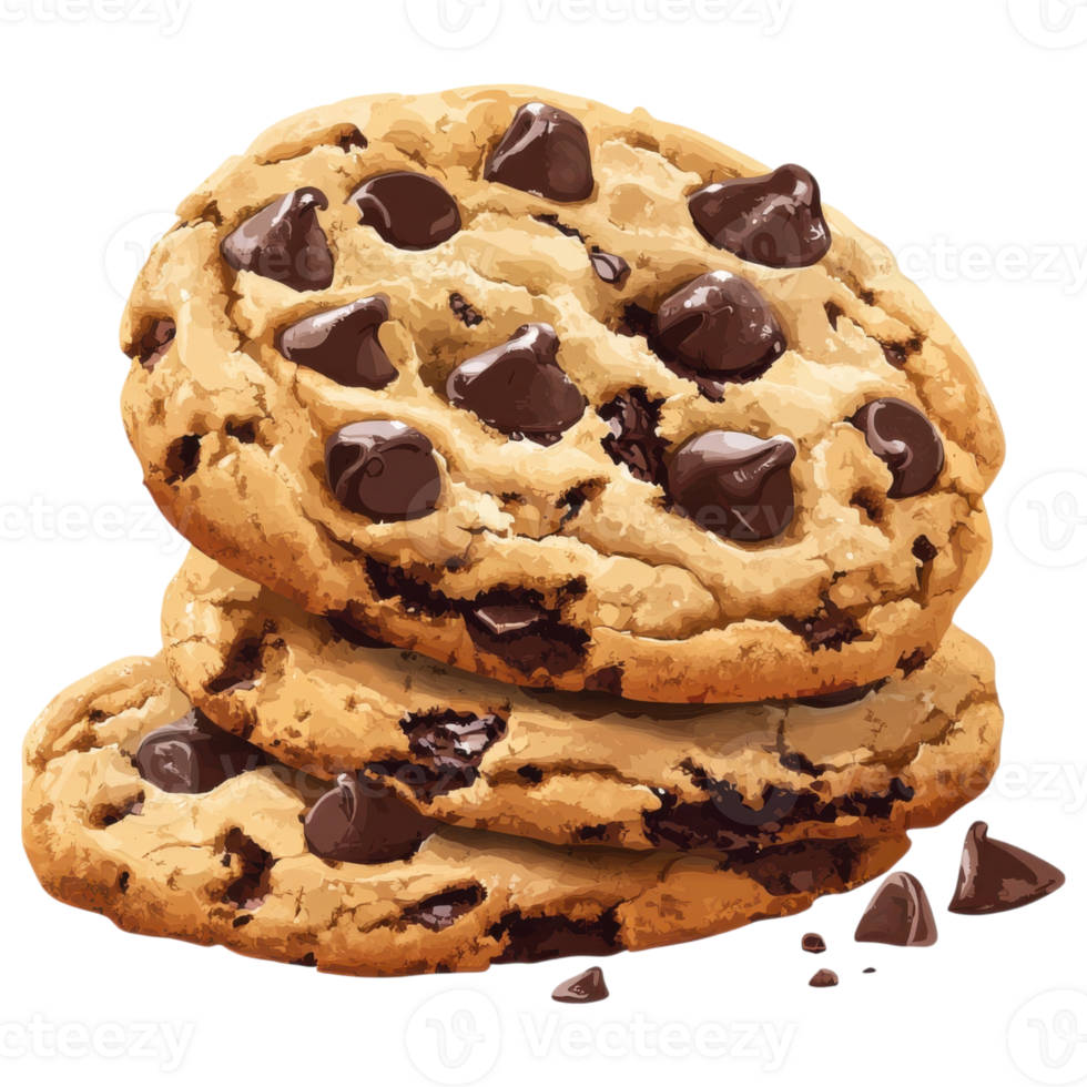 Delicious soft chocolate chip cookies stacked high, featuring gooey melted chocolate png