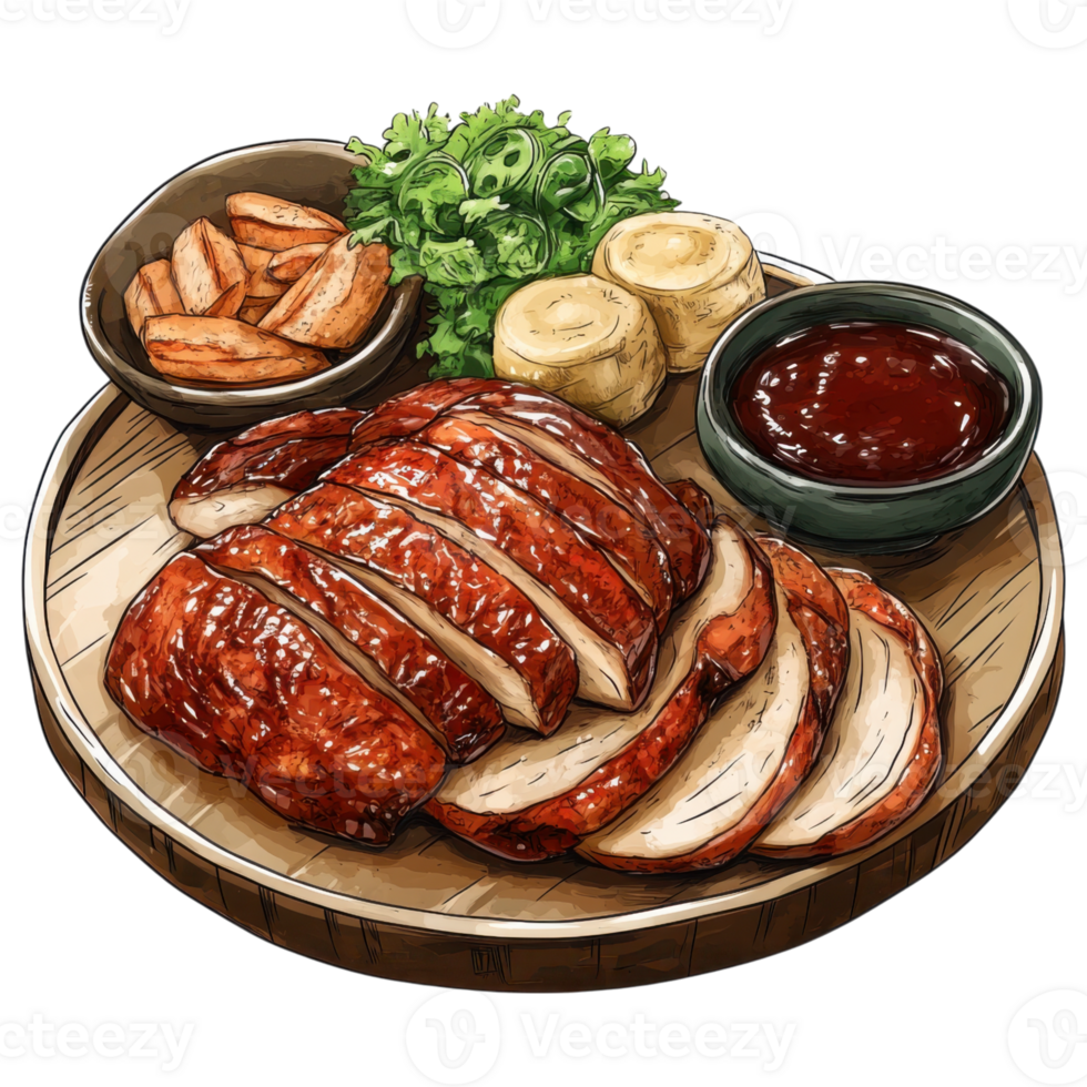 Sliced roasted duck served with crispy potatoes, sauce, and greens png