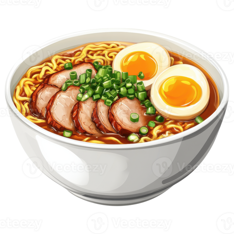 Delicious steaming hot bowl of ramen with sliced pork and soft boiled eggs png