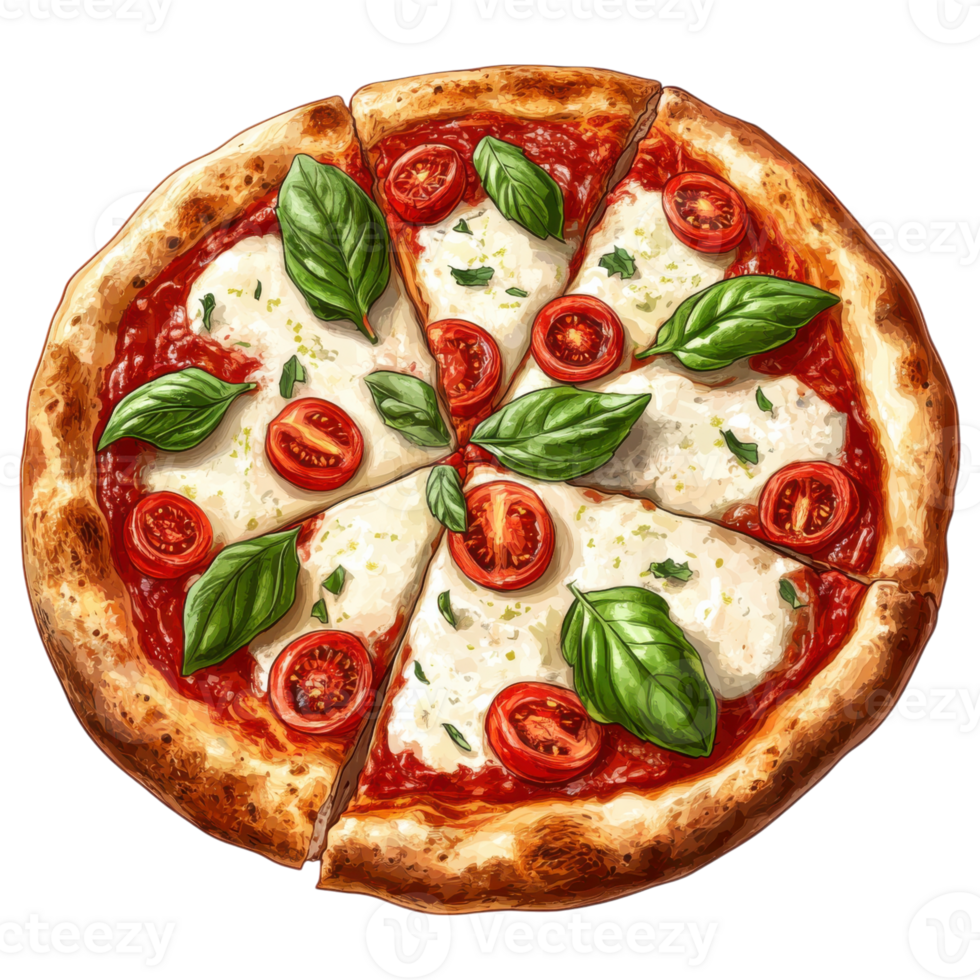 Delicious traditional Italian pizza topped with mozzarella, basil, and tomatoes png