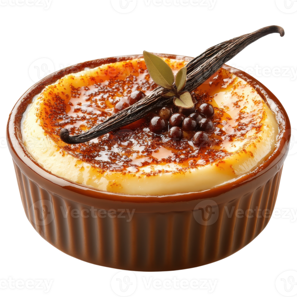 Creamy dessert with caramelized sugar crust and vanilla pod garnish, perfect for indulgence png