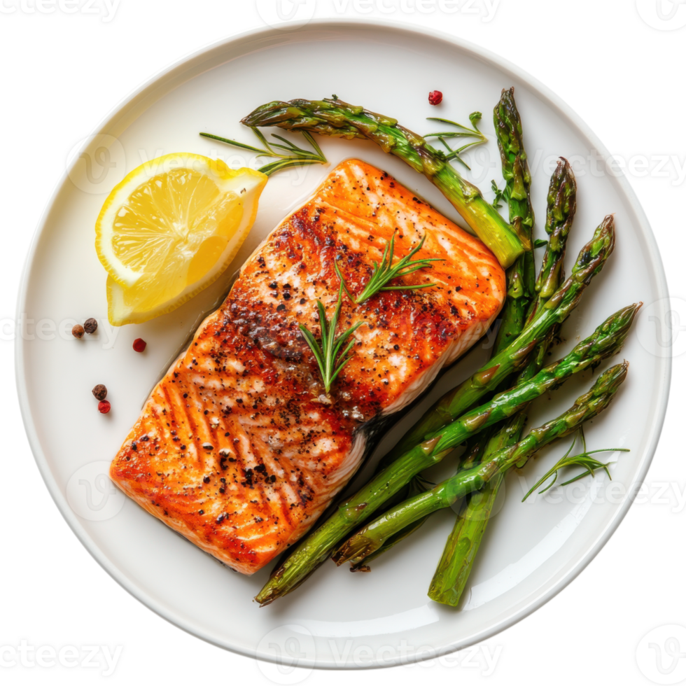 Grilled salmon fillet with asparagus and lemon on white plate png