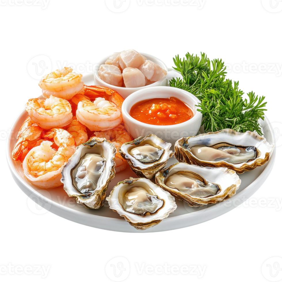 Fresh seafood platter featuring shrimp, oysters, scallops, and sauce png