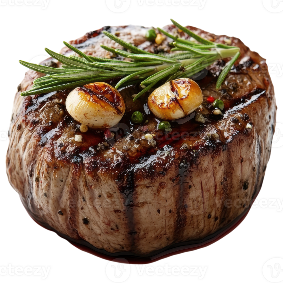 Fine dining filet mignon with red wine reduction and herbs garnished png