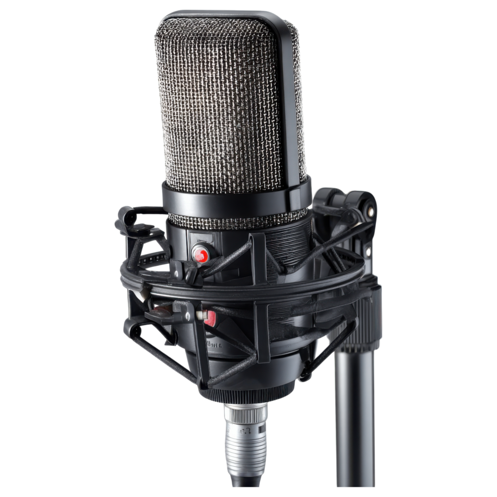 High quality microphone with pop filter and shock mount isolated on transparency background png