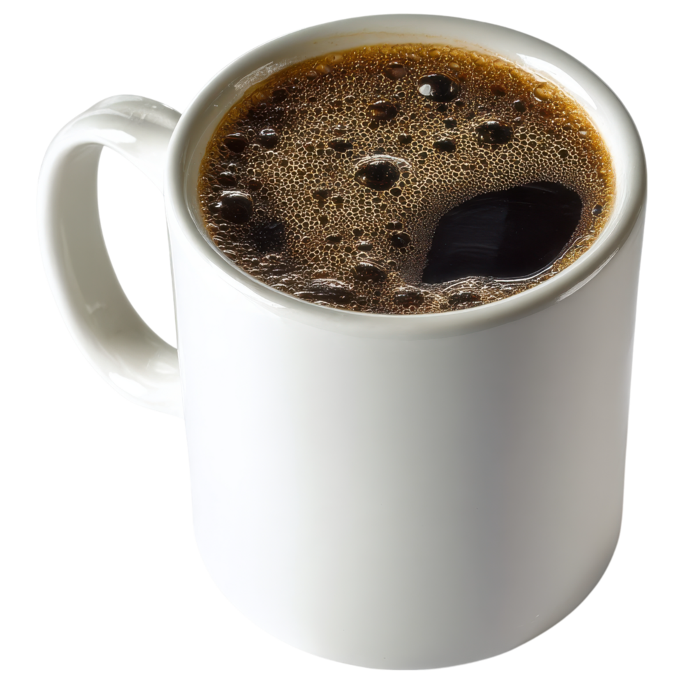 Fresh brewed coffee in white mug with bubbles isolated on transparency background png