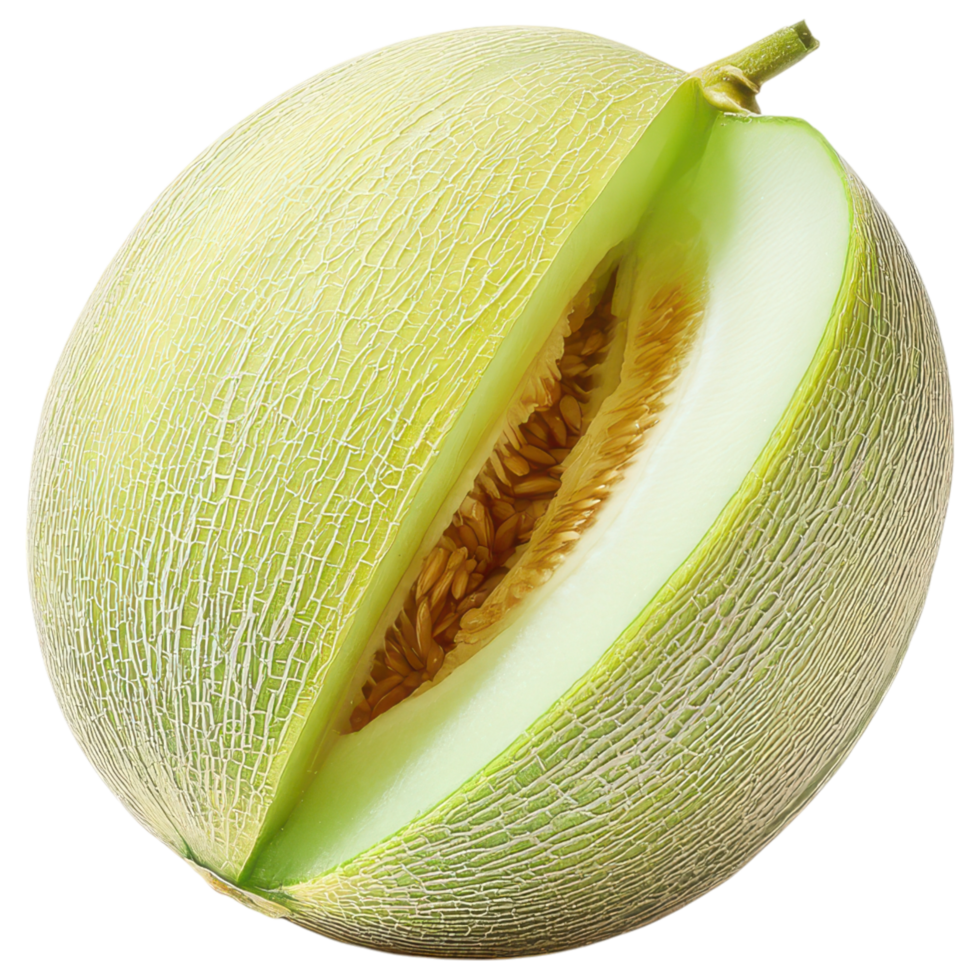 Fresh green melon with smooth texture and seeds isolated on transparency background png