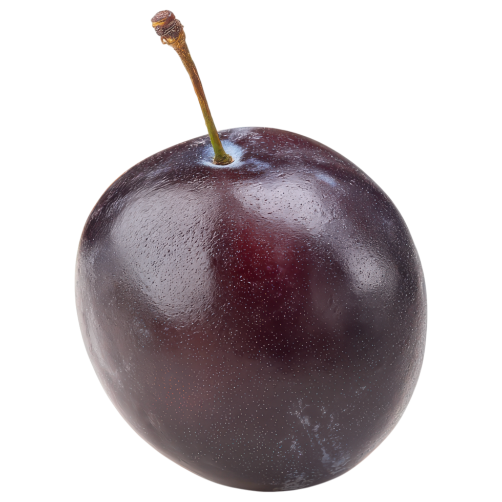 Fresh, ripe plum with smooth skin and stem isolated on transparency background png