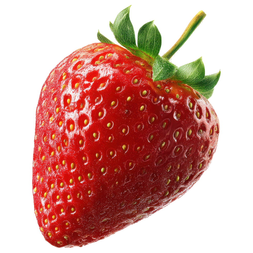Fresh, ripe strawberry with vibrant red color and green isolated on transparency background png