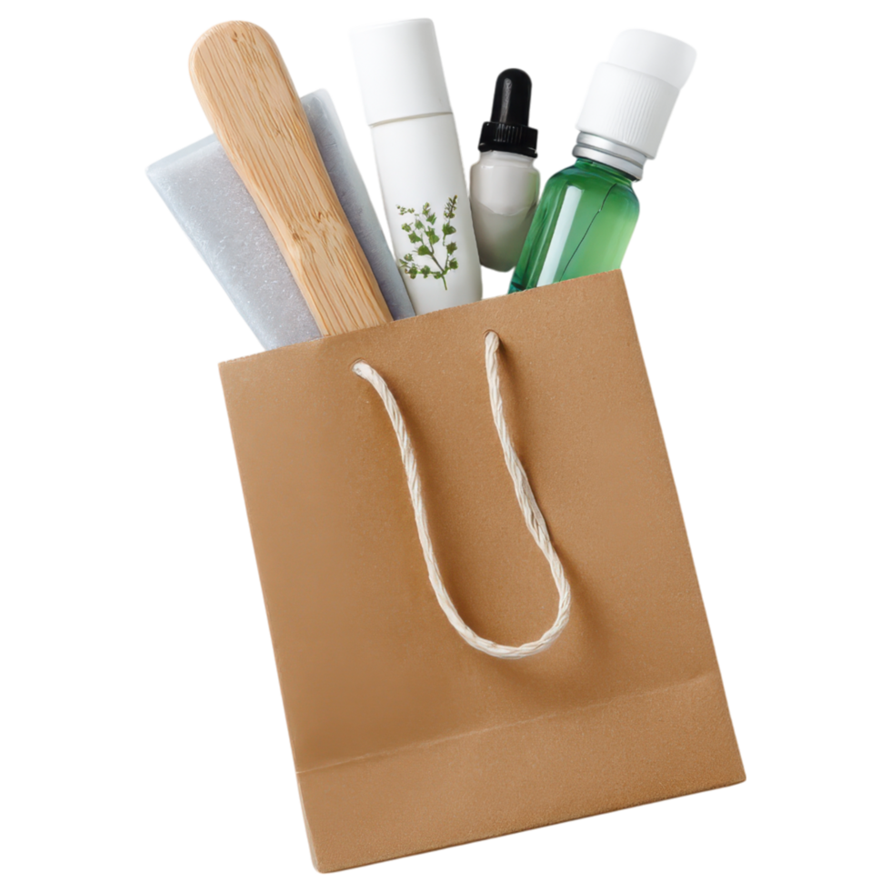 Mini paper bag with skincare products, including bottles and tools, for self care. isolated on transparency background png
