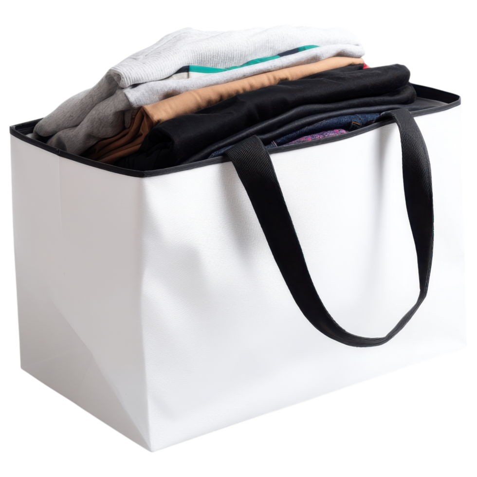 Minimal white shopping bag with black handles, filled with folded clothes, showcasing isolated on transparency background png