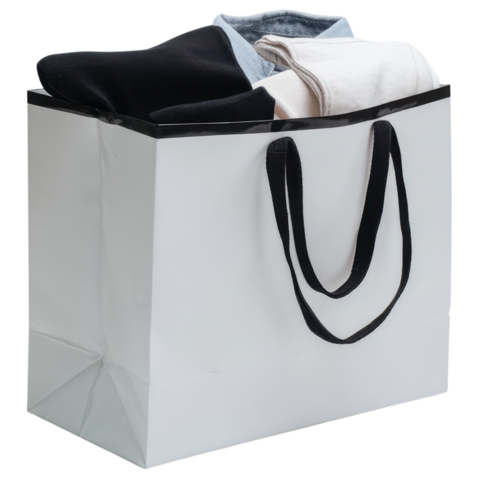 Minimal white shopping bag with black handles, filled with clothing items. isolated on transparency background png