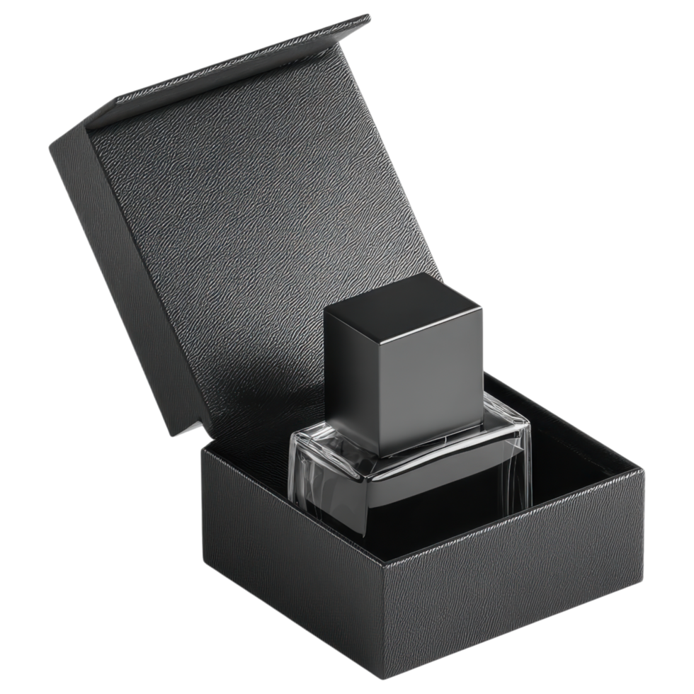 Minimalist black gift box with matte texture and perfume bottle inside isolated on transparency background png