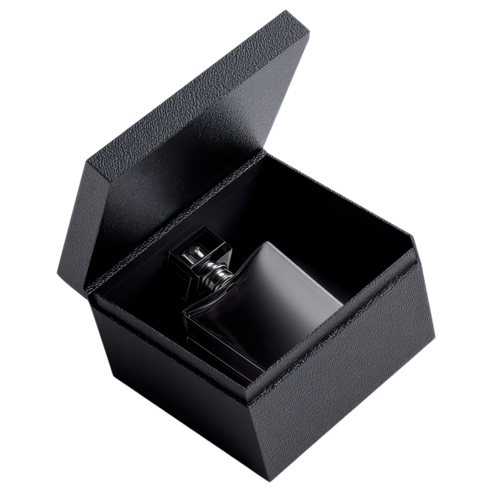 Minimalist black gift box with matte texture and open lid, showcasing sleek bottle inside. isolated on transparency background png