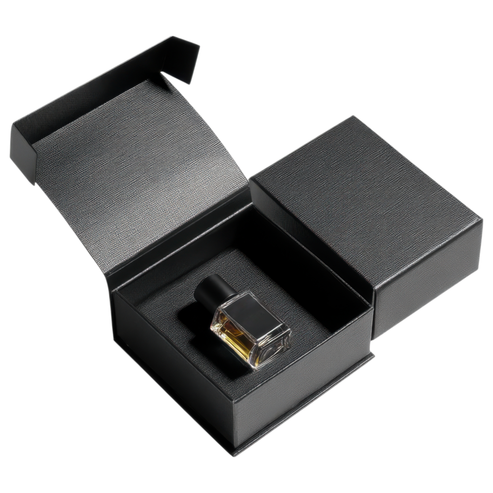 Minimalist black gift box with matte texture and open lid, showcasing perfume bottle isolated on transparency background png