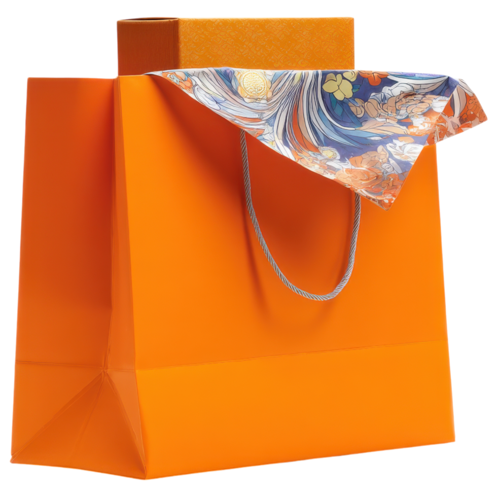 Bright orange shopping bag with decorative box peeking out, showcasing elegance and style. isolated on transparency background png