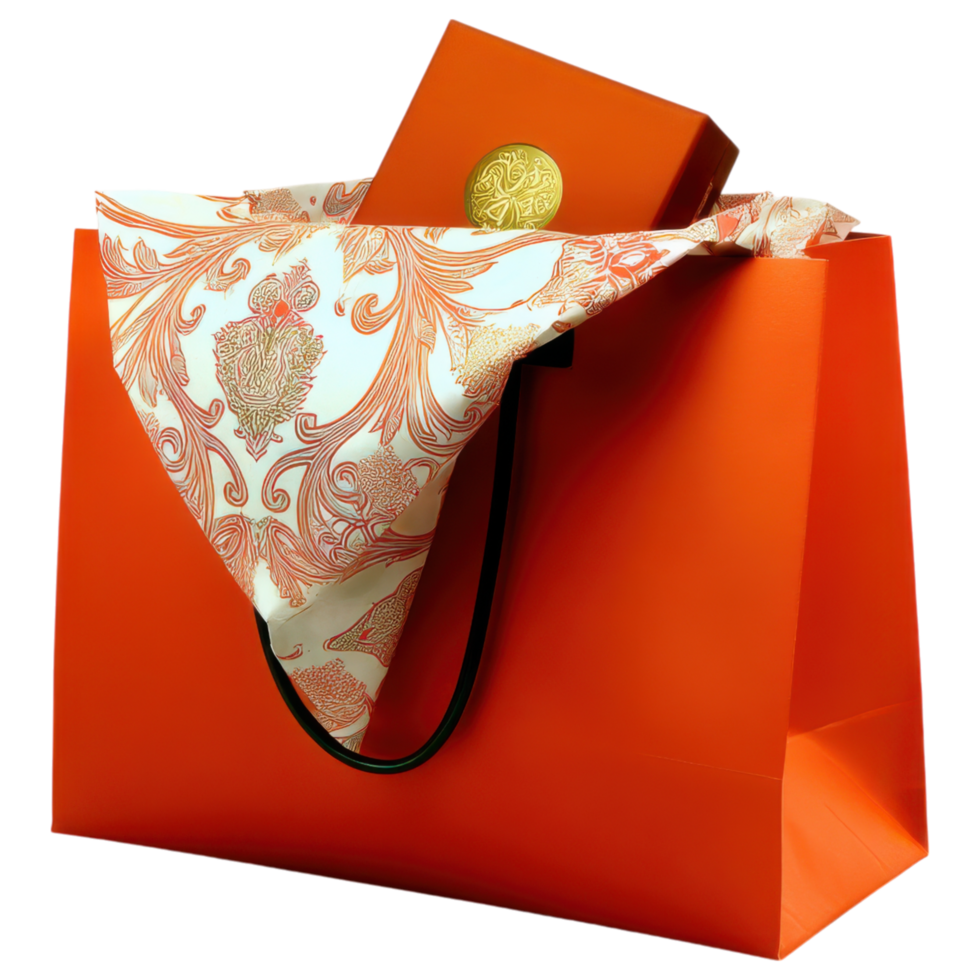 vibrant orange shopping bag with elegant design, showcasing fancy box peeking out isolated on transparency background png