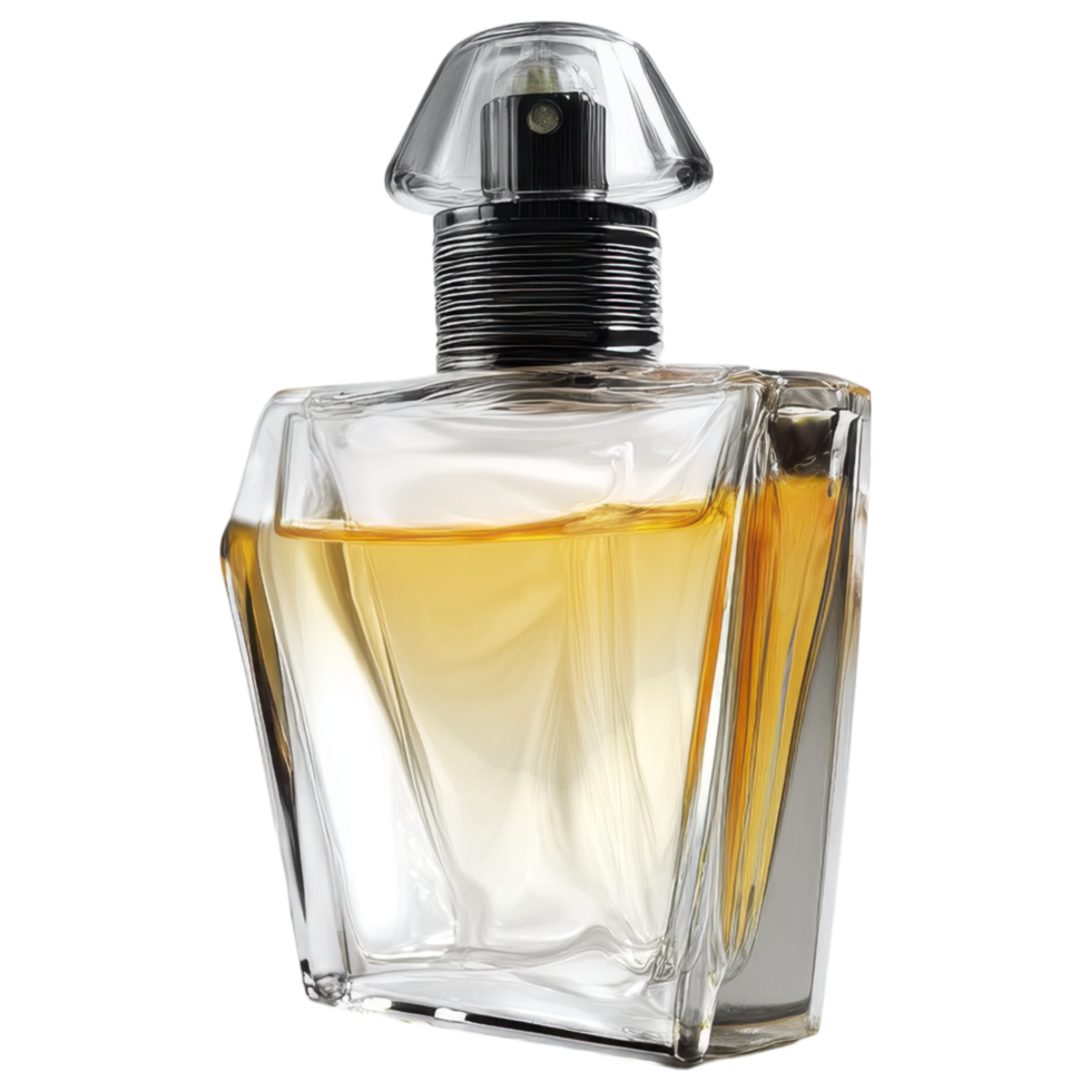 Elegant perfume bottle showcasing clear design with unique cap and golden liquid. isolated on transparency background png