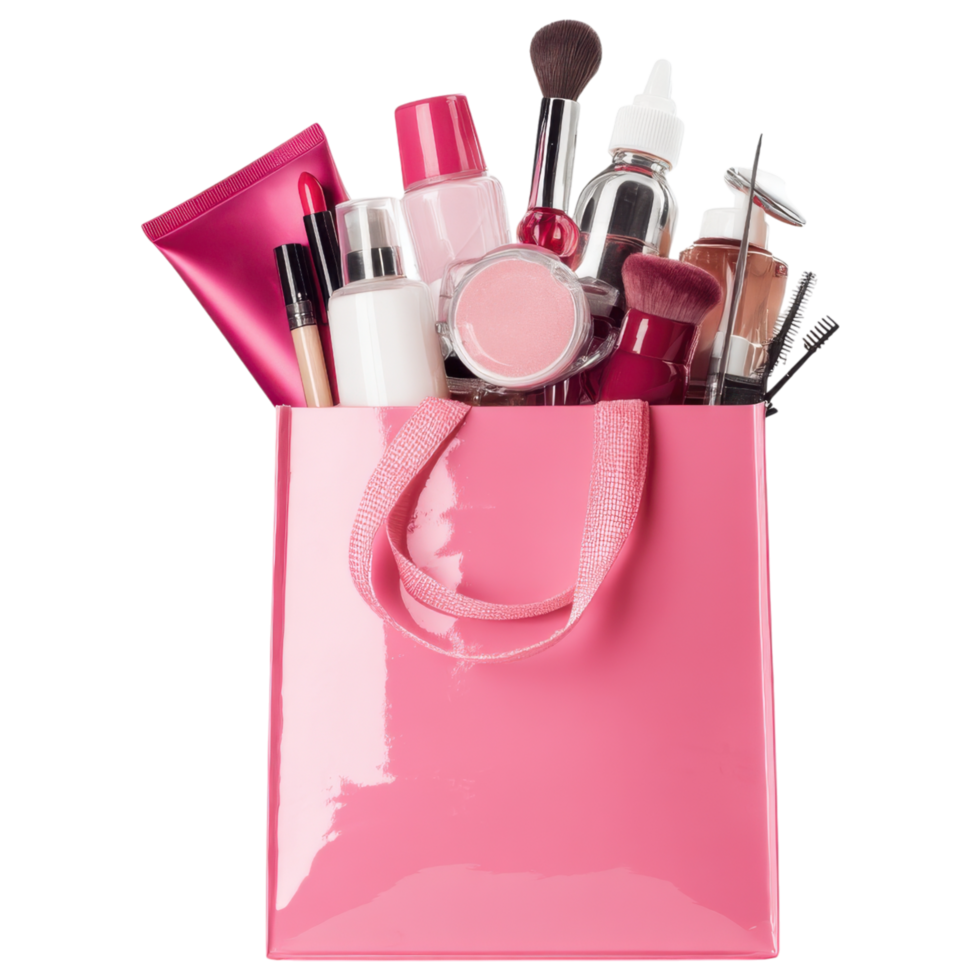 pink glossy shopping bag filled with various beauty items, creating vibrant and stylish isolated on transparency background png