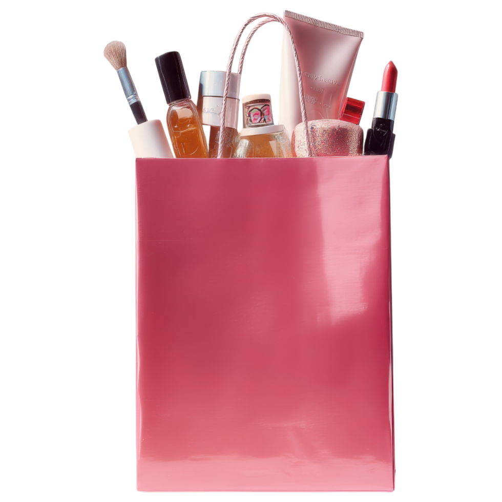 glossy pink shopping bag filled with beauty items, showcasing vibrant colors and textures. isolated on transparency background png