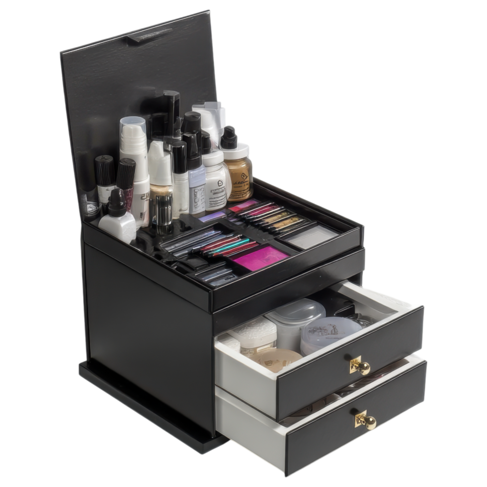 Organized cosmetic storage box with drawers showcasing various beauty products and tools. isolated on transparency background png