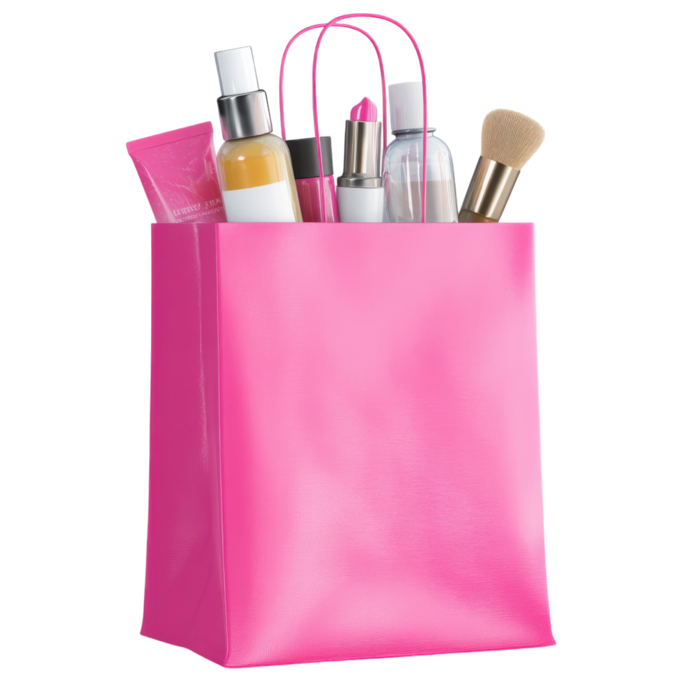 vibrant pink shopping bag filled with beauty products, showcasing stylish collection. isolated on transparency background png