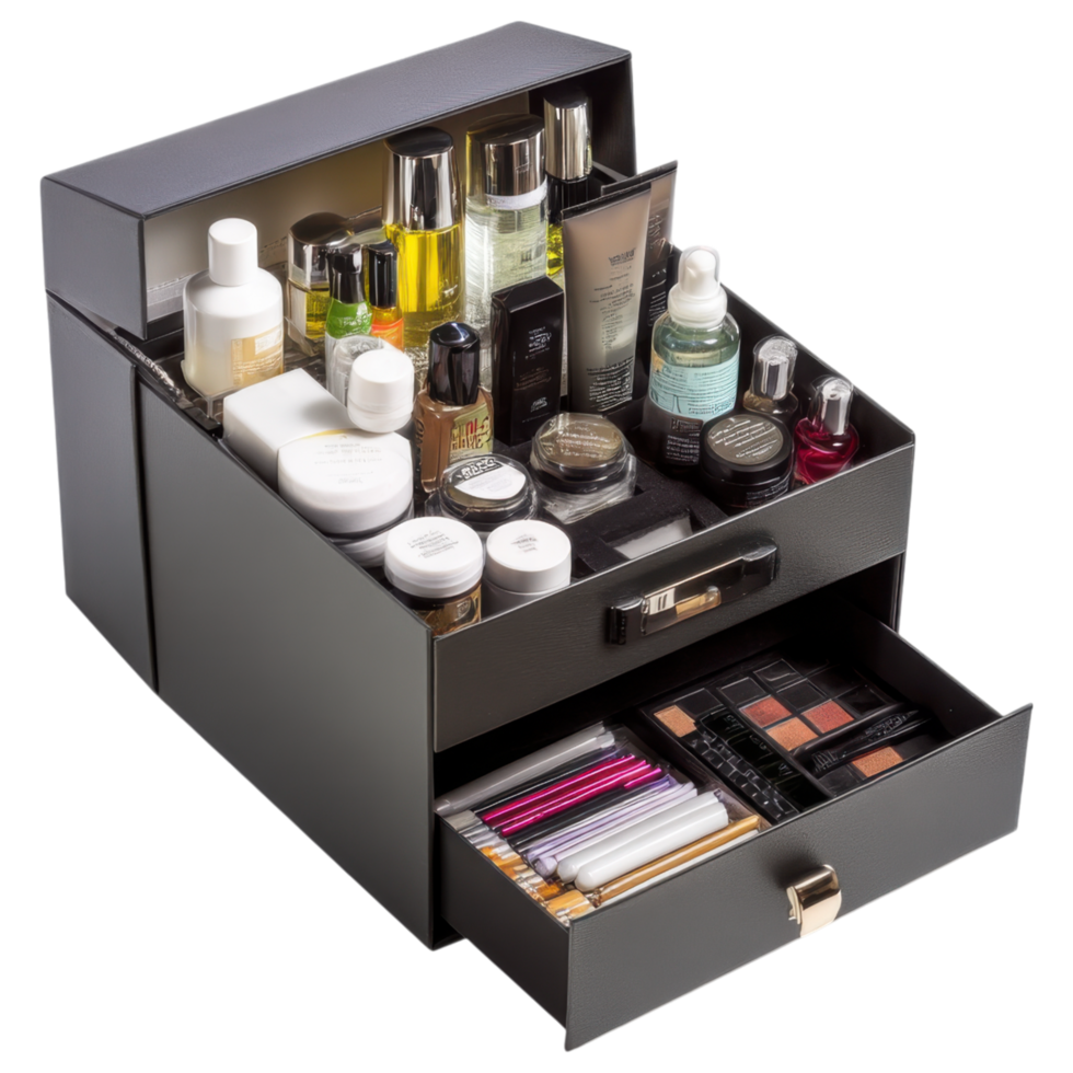 Organized cosmetic box with various beauty products and drawer open, showcasing items. isolated on transparency background png