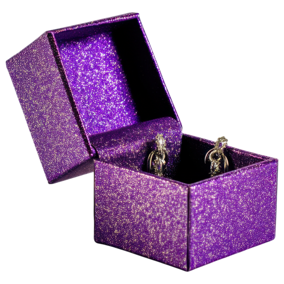 Purple glitter gift box with fancy earrings inside, perfect for special occasions. isolated on transparency background png
