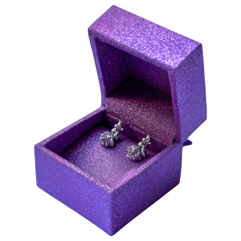 Elegant purple glitter gift box with open lid showcasing beautiful earrings inside. isolated on transparency background png