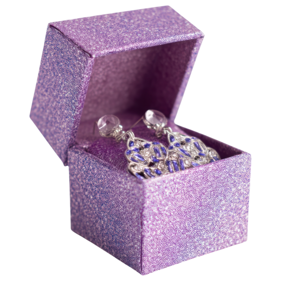 Elegant purple glitter gift box with fancy earrings inside, perfect for special occasions. isolated on transparency background png