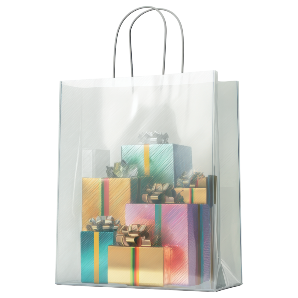 translucent shopping bag filled with colorful wrapped gifts, creating festive atmosphere. isolated on transparency background png