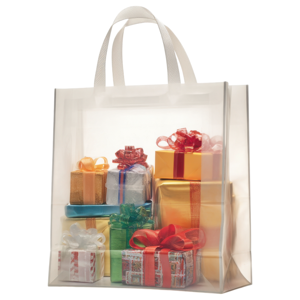 Translucent shopping bag filled with colorful wrapped gifts, perfect for celebrations. isolated on transparency background png