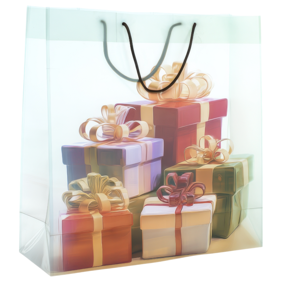 Translucent shopping bag with colorful gift boxes inside, perfect for celebrations. isolated on transparency background png
