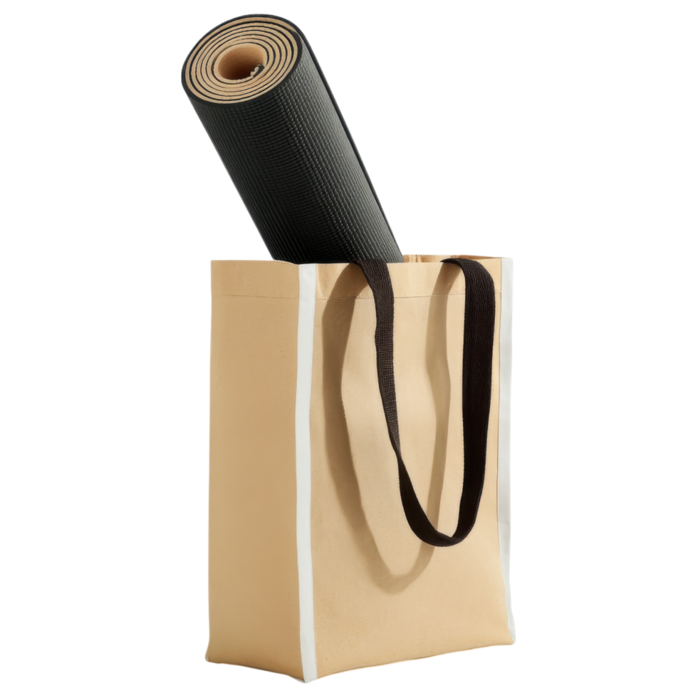 stylish shopping bag with rolled yoga mat peeking out, perfect for fitness enthusiasts. isolated on transparency background png