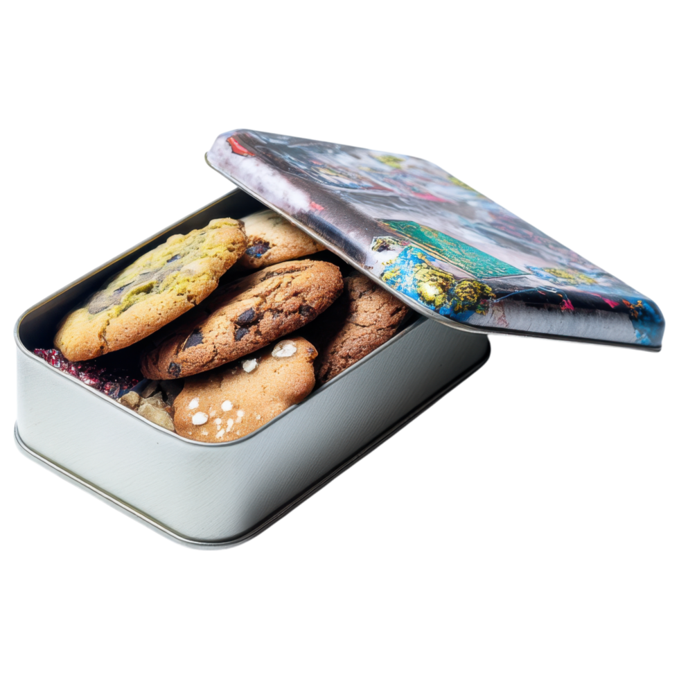 Opened tin box with artisan cookies inside, showcasing delightful treats. isolated on transparency background png