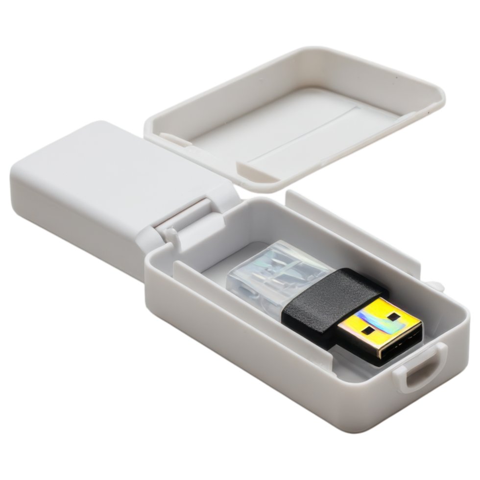 USB flash drive case with open lid, showcasing drive inside, is practical and sleek. isolated on transparency background png