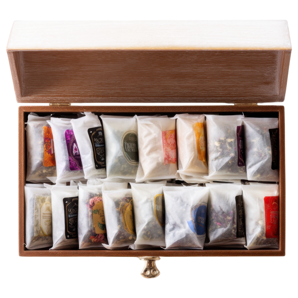 Individually wrapped tea bags displayed in wooden box, showcasing variety and elegance. isolated on transparency background png