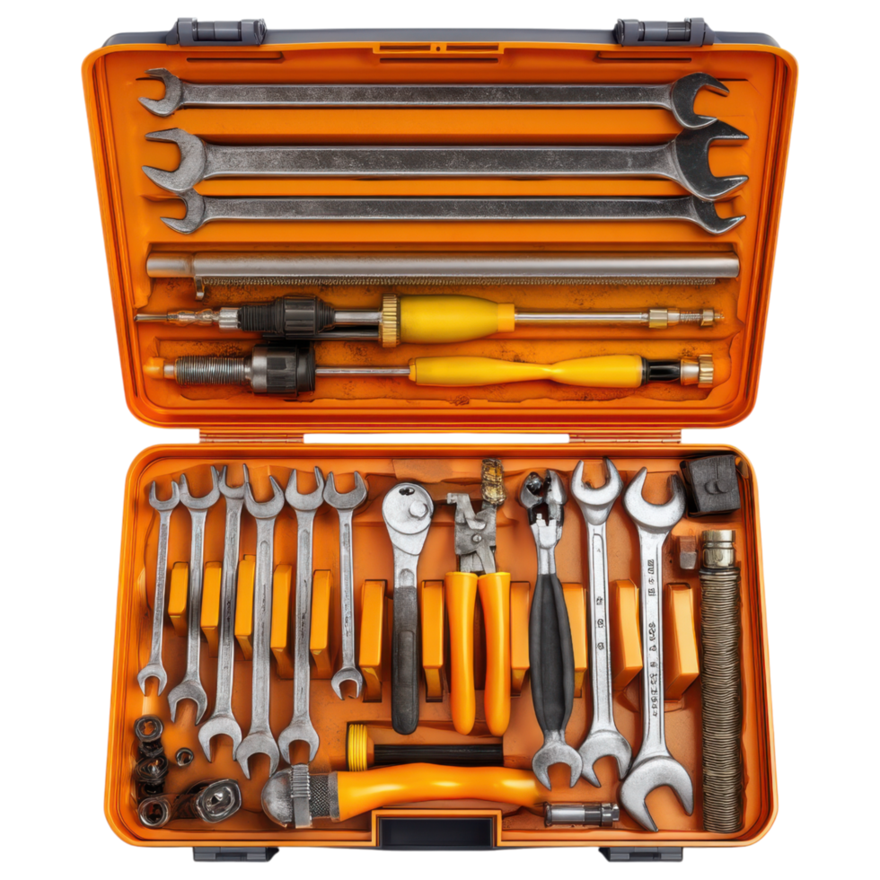 well organized tool kit with various tools neatly arranged inside bright orange case. isolated on transparency background png