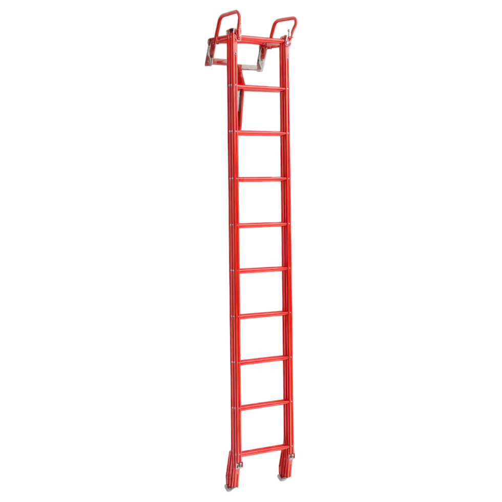 Red emergency equipment ladder with safety rails designed for quick access in rescue situations and industrial environments png