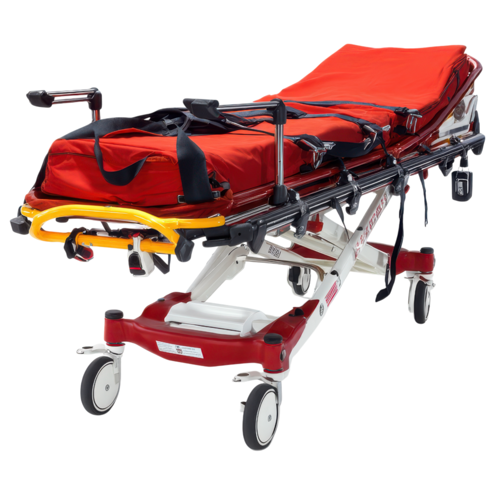 Emergency equipment stretcher with red padding and adjustable frame designed for patient transport in medical situations png