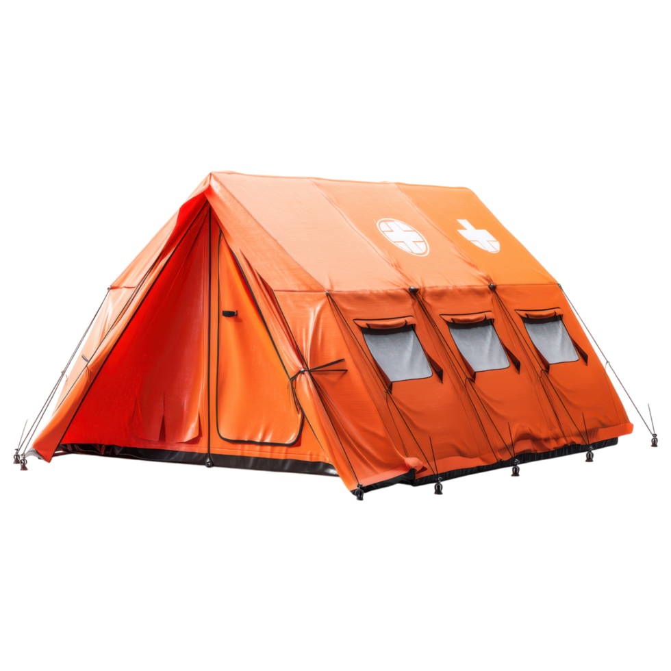 Emergency equipment tent with bright orange color and multiple windows designed for rapid deployment in disaster relief situations png