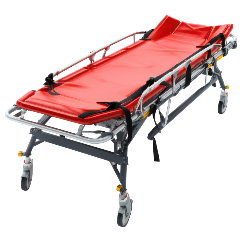 Emergency equipment stretcher with red surface and metal frame designed for patient transport in medical situations and urgent care settings png
