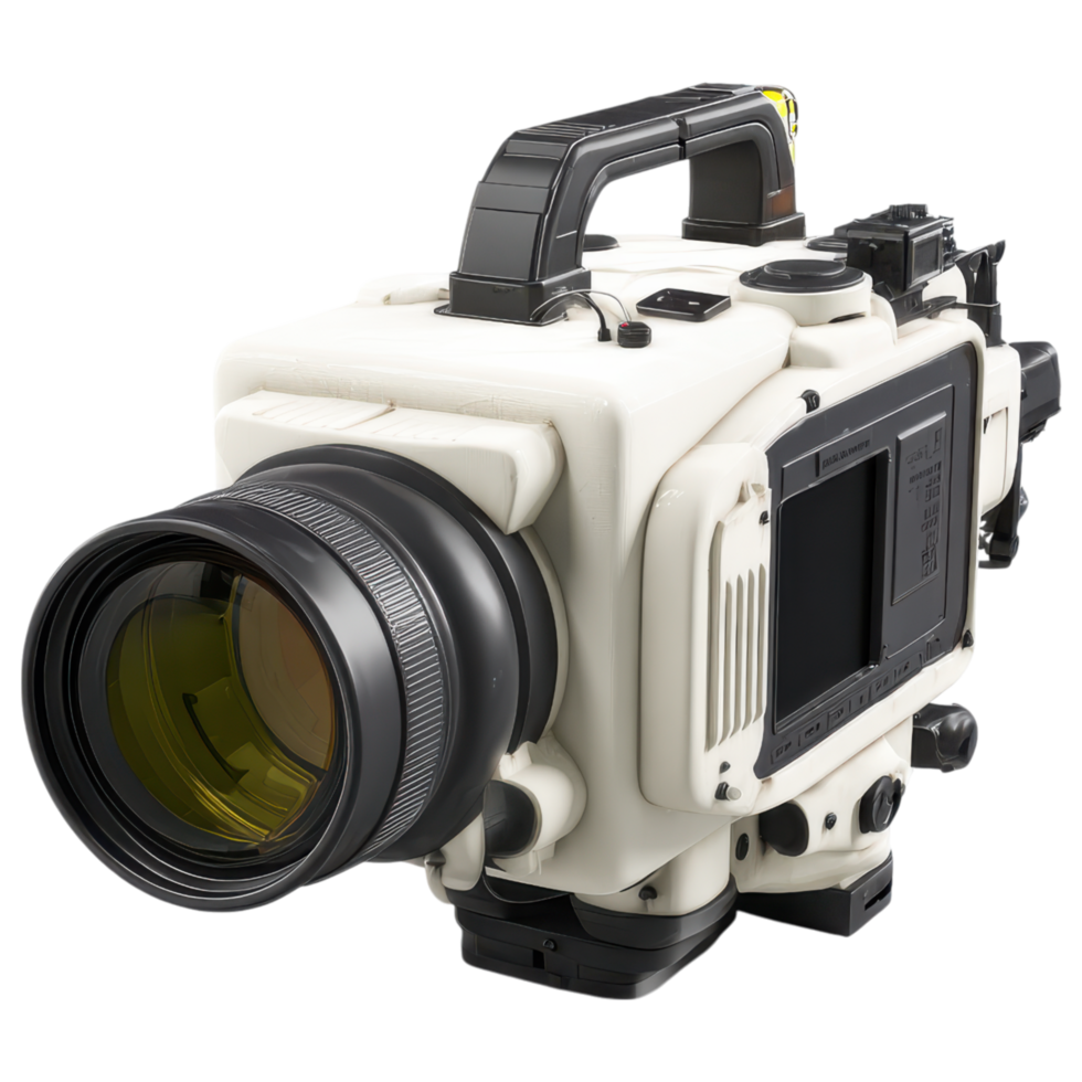 Vintage emergency equipment camera with large lens and sturdy handle designed for professional use in challenging environments png