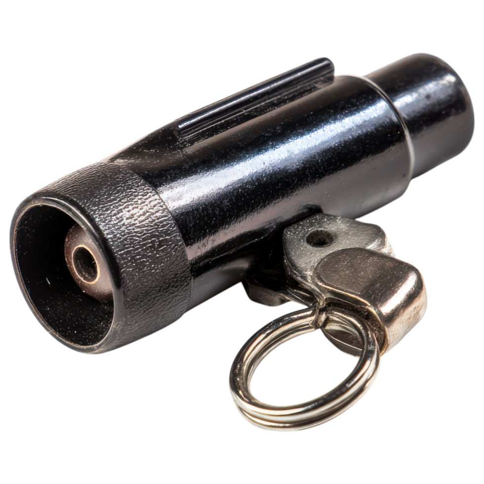 Black emergency equipment keychain whistle with metallic ring for safety and alert situations, compact and portable for quick access png