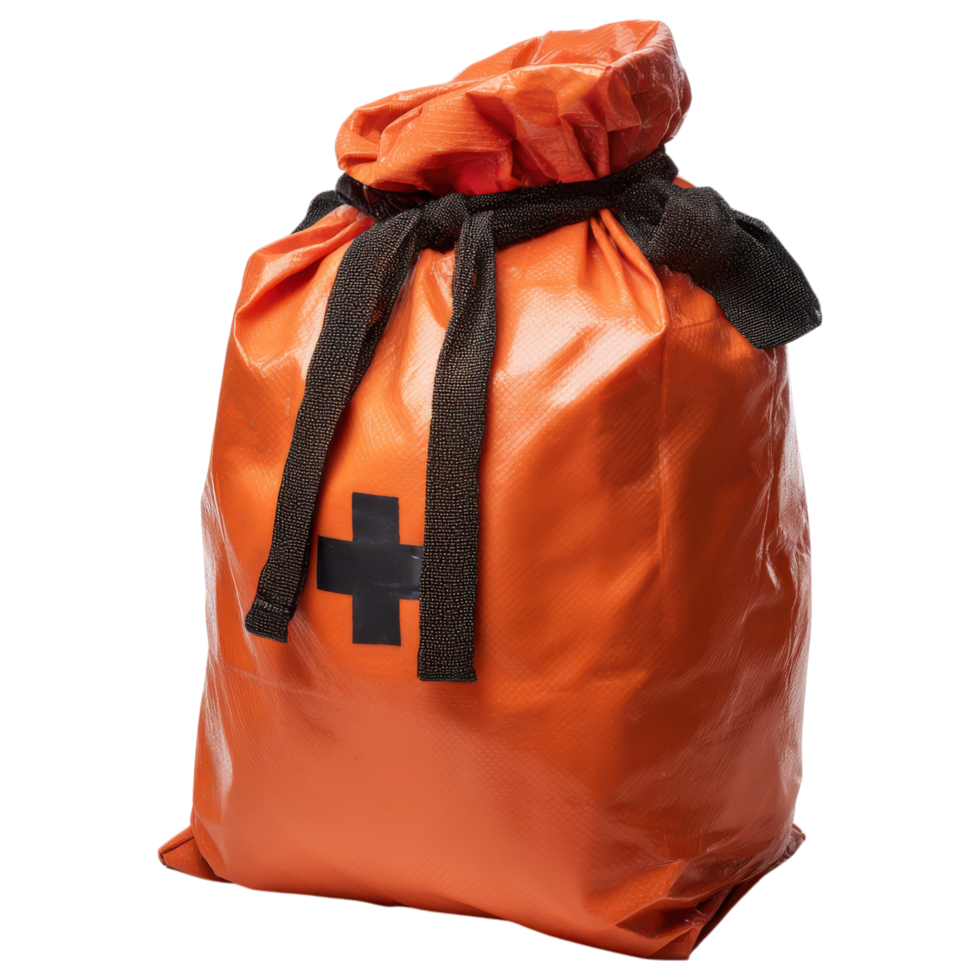 Emergency equipment bag with black cross symbol, durable orange material, used for safety and rescue situations, isolated transparency background png